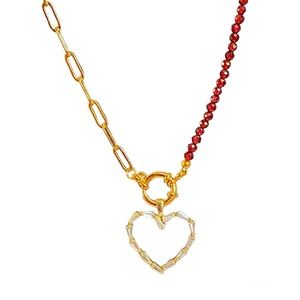 Paperclip chain Garnet Necklace Gold half and half choker front pendant heart